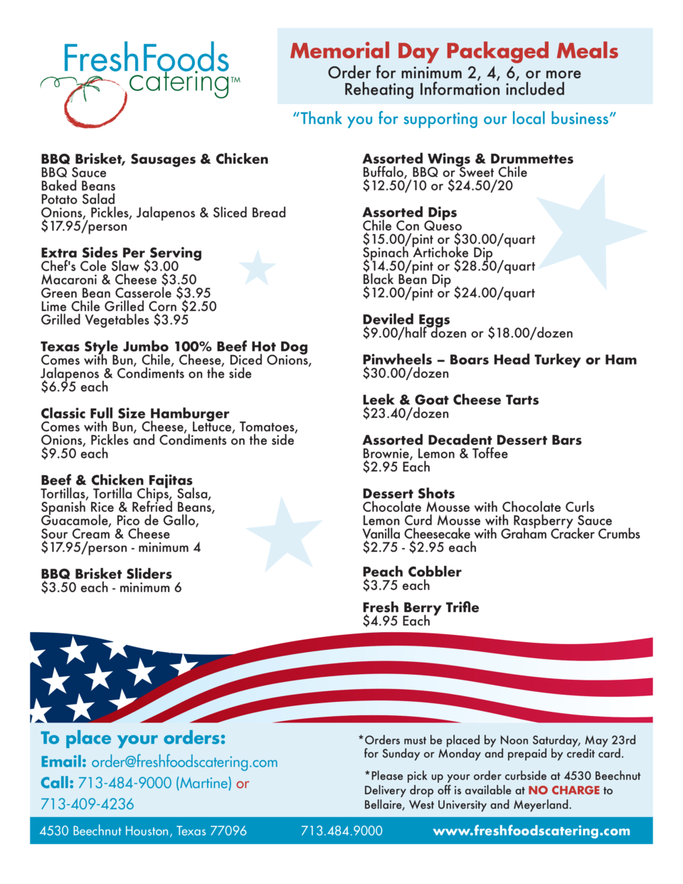 Memorial Day Packaged Meals Fresh Foods Catering
